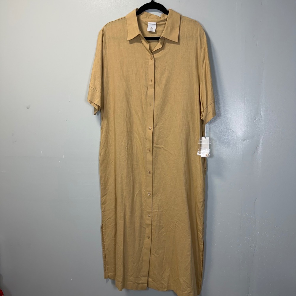 Nottibianche Linen Blend Button Down Shirt Dress Lounge Dress Golden Tan Medium